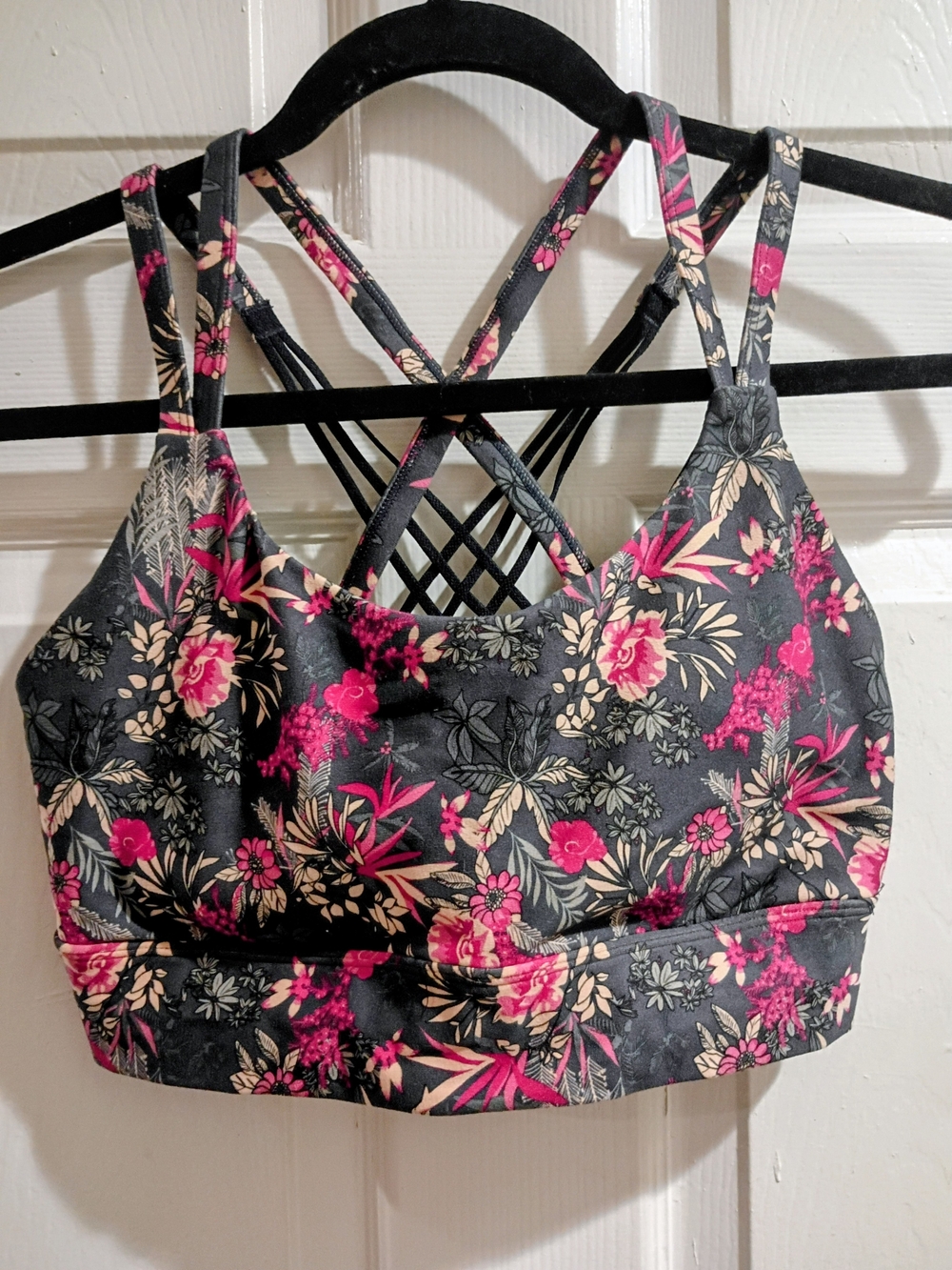 Freely Floral Strappy Sports Bra - Pink Floral on Charcoal